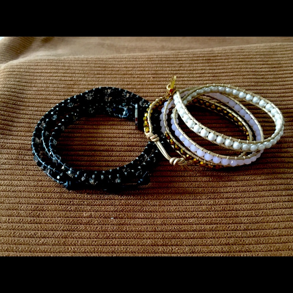South Hill crystal, pearl and leather wrap bracelets. Unworn